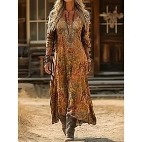 Women's Midi Dress Boho Dress Vintage Dress Casual Dress Classic Modern Daily Outdoor Vacation Regular Fit Floral Long Sleeve V Neck Blue Yellow Red Grey Sprin