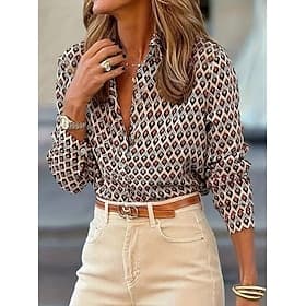 Women's Shirt Blouse Patchwork Buttons Print Graphic Geometric Plaid Vintage Tropical Daily Long Sleeve Shirt Collar Regular Tops Daily Brown Summer Spring