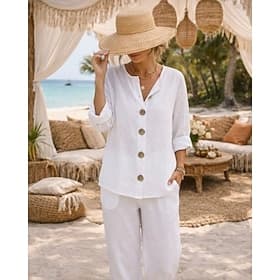 Femmes Chemise Chemises en coton et lin Boutonner Chemisier Boutons Couleur Unie Basique Occasionnel Manche 3/4 Col en V Hauts Réguliers Quotidien Noir Blanche