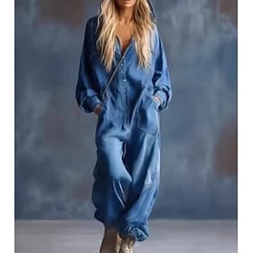 Women's Dungarees Elegant Long Sleeve V Neck Daily Vacation Loose Fit Blue Black Navy Blue Spring