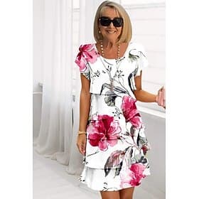 Women's Midi Dress Chiffon Dress Summer Dress Print Dress Elegant Daily Regular Fit Floral Geometric Short Sleeve Crew Neck Light Yellow Bright pink Dusty Rose