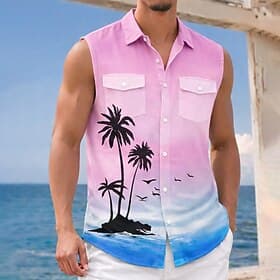 Men's Coconut Tree Gradient Color Tropical Plants Shirt Summer Hawaiian Shirt Aloha Shirt Sleeveless Resort Beach Vacation Wear Summer Spring Turndown 3D Print