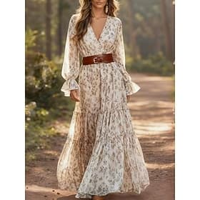 Women's Maxi Dress Boho Dress Casual Dress A Line Dress Floral Dress Elegant Fashion Modern Outdoor Vacation Going out Regular Fit Floral Long Sleeve V Neck Be