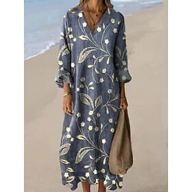 Women's Midi Dress Shift Dress Sundress Vacation Casual Beach Going out Loose Fit Floral Graphic Long Sleeve V Neck Blue Black Navy Blue Summer Spring Fall Aut