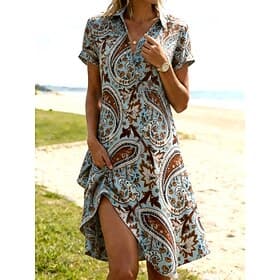 Women's Knee Length Dress Boho Dress Casual Dress Print Dress Fashion Classic Modern Outdoor Vacation Going out Regular Fit Paisley Short Sleeve Shirt Collar B