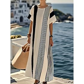 Women's Maxi Dress T Shirt Dress Tee Dress Shift Dress Vacation Casual Outdoor Going out Loose Fit Stripe Short Sleeve Crewneck Blue Black Brown Dark Purple Su