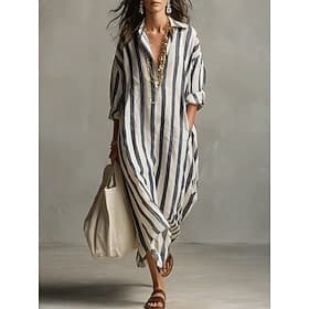 Women's Maxi long Dress Linen-feel Dresses Shirt Dress Casual Dress Faux Linen Dress Fashion Modern Daily Vacation Going out Loose Fit Striped Long Sleeve V Ne thumbnail 2