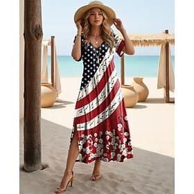 American Independence Day Women's Maxi Dress Shift Dress Sundress T Shirt Dress Tee Dress Vacation Casual Holiday Regular Fit Graphic American Flag Stars and S