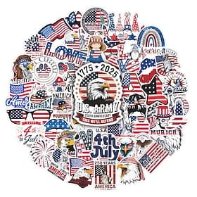 250 Pcs 4th of July Stickers, 5 Packs of 50 Patriotic Vinyl Waterproof Stickers for Water Bottles Laptop, Independence Day USA Flag Stickers for Kids Teens Adu