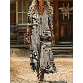 Women's Maxi long Dress Vintage Dress Casual Dress Vintage Daily Outdoor Vacation Regular Fit Geometric Long Sleeve V Neck Khaki Spring Autumn