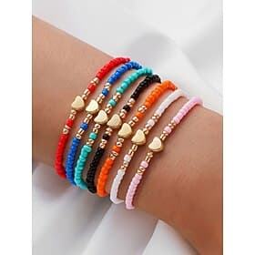 Women's Bohemian Beaded Bracelet Set, Colorful Resin Stretch Bracelets with Heart Charm, Multi-Color Stackable Jewelry for Women, Perfect for Daily Casual, Vac