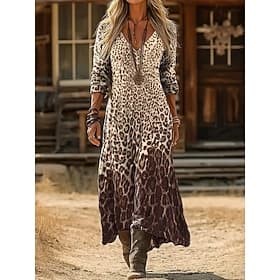 Women's Midi Dress Boho Dress Vintage Dress Casual Dress Fashion Classic Modern Daily Outdoor Vacation Regular Fit Leopard Long Sleeve V Neck Brown Spring Fall