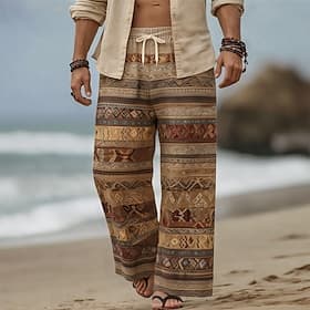 Men's Geometric Ethnic Trousers Baggy Pants Casual Pants Mid Waist Bohemian Vintage Retro Home Outdoor Vacation Elastic Drawstring Waist Linen-Like Pants with
