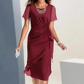Women's Midi Dress Sheath Dress Tulle Dress Bodycon Dress Vacation Party Birthday Daily Office Regular Fit Plain Short Sleeve Crew Neck Wine Red Green khaki Da