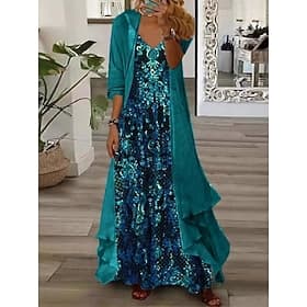 Women's Maxi Dress Casual Dress Dress Set Floral Dress Slip Dress Elegant Fashion Modern Outdoor Vacation Going out Regular Fit Floral Long Sleeve V Neck Blue
