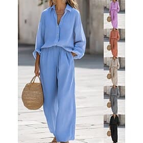 Women's Pants Sets Bolero Long Sleeve Shirt Collar Solid Color Fashion Streetwear Casual Daily Outdoor Blue Purple Orange Summer Loose Fit