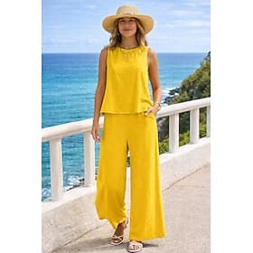 Women's Cotton Linen Sets Two Piece Sets Blouse Pants Trousers Sleeveless Crew Neck Solid Color Elegant Fashion Streetwear Casual Daily Outdoor Black Yellow Da
