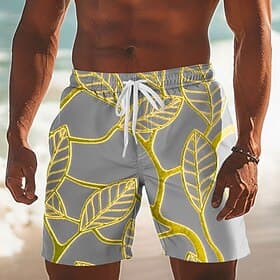 Men's Palm Leaf Coconut Palm Leaves Swim Trunks Swim Shorts Board Shorts Mid Waist Hawaiian Beach Vacation Wear Side Pockets Mesh Lining Elastic Drawstring Wai