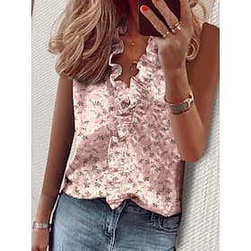 Femmes Chemisier Froncé A Volants Graphique Actif Occasionnel Sans manches Col en V Hauts Réguliers Fête Sortir Noir Blanche Rose Claire Été Printemps