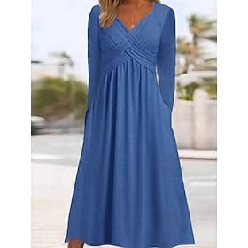 Women's Midi Dress Casual Dress A Line Dress Elegant Fashion Modern Outdoor Vacation Going out Regular Fit Plain Long Sleeve V Neck Blue Black Burgundy Khaki S
