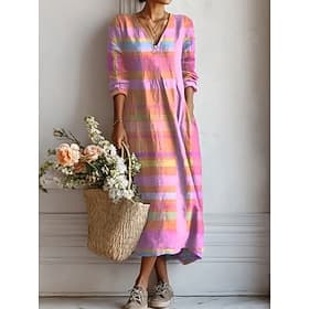 Women's Midi Dress Sundress A Line Dress Vacation Casual Boho Holiday Regular Fit Ombre Graphic Geometric Long Sleeve V Neck Yellow Pink Orange Summer Spring