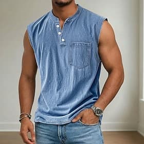 Men's Vintage Tank Top 100% Cotton Acid Wash Vest Top Undershirt Sleeveless Shirt Sleeveless Henley Summer Plain Fashion Designer Basic Pocket Buttons Vacation thumbnail 2