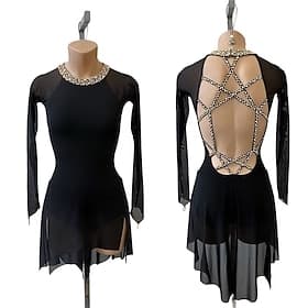 Figure Skating Dress Women's Ice Skating Dress Black Pink Patchwork Open Back Stretchy Training Competition Skating Wear Classic Crystal / Rhinestone Long Slee