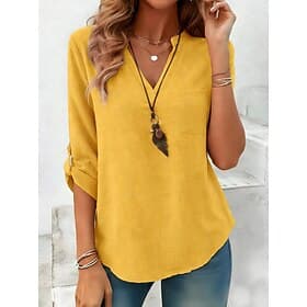 Dames Overhemd Katoenen linnen overhemden Normaal shirt Blouse Effen Stijlvol Klassiek Modern Lange mouw V-hals Normale tops Dagelijks Feestdagen Uitgaan blauw