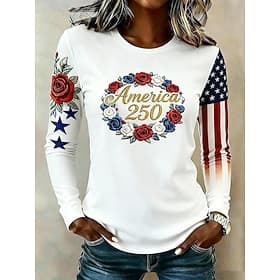 Independence Day American Anniversary Patriotic Women's T Shirt Print Graphic Flag American Flag Stylish Classic Casual Long Sleeve Crew Neck Regular Tops Dail thumbnail 2
