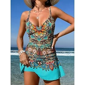 Women's BOHO Swimwear One Piece Skirt Swimsuit Knit Elegant Vacation Graphic Geometric V Neck Sleeveless Bathing Suits
