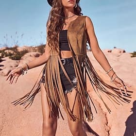 Rétro Vintage Années 1970 Disco Gilet en daim Sans manches Hippie Disco Frange à pompons Déguisement Femmes Halloween Carnaval Mascarade Festival de Musique Pe