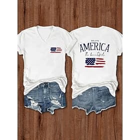 American Independence Day Women's T Shirt Tee Top Print Graphic Flag Stylish Classic Casual Short Sleeve V Neck Regular Tops Daily Going out Weekend White Summ