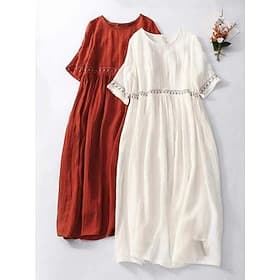 Damen Midikleid Kleider in Leinenoptik Shiftkleid Sommerkleid Lässig Täglich Lässiger Schnitt Einfach Kurzarm Rundhalsausschnitt Weiß Rote Sommer Frühling