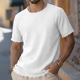 Men's Tee Top Linen T-Shirt Short Sleeves Crew Neck Round Neck Summer Plain Fashion Designer Basic Soft Raw Edge Beach Vacation Casual Daily Pink Top Tee for M