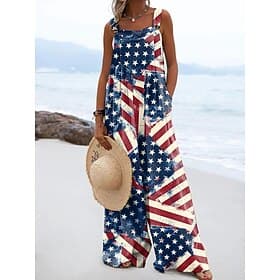 Independence Day PatrioticWomen's Dungarees Active Graphic Sleeveless Sleeveless Wide Leg Square Neck Pocket Buttons Daily Beach Loose Fit Red Purple Orange Su