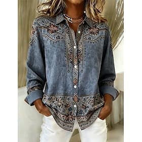 Women's Shirt Blouse Patchwork Buttons Print Graphic Geometric Plaid Vintage Tropical Daily Long Sleeve V Neck Shirt Collar Long Tops Daily Beach Wear Vacation
