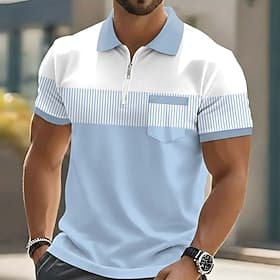 Men's Striped Polo Shirts Short Sleeve Polo Shirts Lapel Casual Outdoor Holiday Daily Wear Pocket 3D Print Summer Blue Purple Green