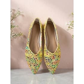 Women's Yellow Printed Ballet Flats - Colorful Puddle Dot Design, Pointed Toe, Comfortable Everyday Wear, Ideal for Casual Outings, Brunch Dates, Shopping Trip