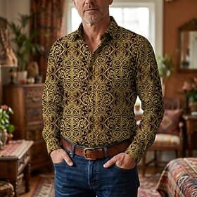 Retro Vintage 1970s Shirt Aloha Shirt Long Sleeves Hippie Geometric Fancy Dress Men's Masquerade Music Festival Party Daily Wear Adults' Shirt