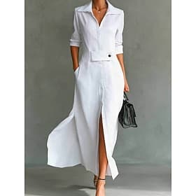 Women's Maxi Dress Shirt Dress White Dress Casual Dress Work Dress Elegant Fashion Modern Daily Office Regular Fit Plain Long Sleeve Shirt Collar Blue Black Wh