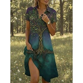 Women's Knee Length Dress Vintage Dress Casual Dress Print Dress Vintage Outdoor Vacation Going out Regular Fit Tree Short Sleeve Shirt Collar Green Summer Spr