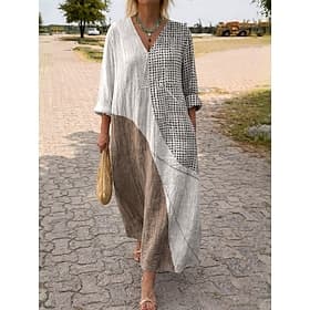 Women's Midi Dress V Neck Long Sleeve Kaftan Lightweight Loose Fit A Line Dress Casual Boho Going out Loose Fit Graphic Geometric Stripe Long Sleeve V Neck Ash thumbnail 2