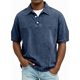 SoftFade™ Men's Denim Shirt Cotton Polo Shirt Casual Short Sleeve Fashion Basic Solid Color Vintage Style Buttons Summer Spring Regular Fit Black Navy Blue Da
