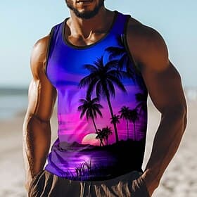 Men's Tank Top Vest Undershirt Sleeveless Shirt U Neck Summer Purple Pink Sunset Tropical Palm Trees Beach Graphic All Over Print Vacation Fashion Street Casua
