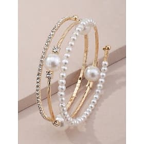 Women's Faux Pearl Alloy Triple Layer Bracelet Set, Gold  Silver Stackable Bangles with Elegant Beads and Crystal Accents, Vintage Bridal Jewelry for Wedding,