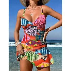 Women's Swimwear One Piece Skirt Swimsuit Knit Elegant Vacation Graphic Geometric V Neck Sleeveless Bathing Suits