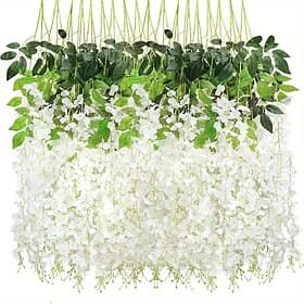 12 künstliche Glyzinienblüten, je 1,10 m lang, dicht, weiß, künstliche Glyzinienranken, Hängegirlande aus Seidenblumen, ideal für Heimdekoration, Partys und Ho
