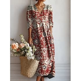 Pâques Femmes Robe Midi Robe d'Été Robe trapèze Vacances Occasionnel Boho Fête Coupe Ample Fleuri Graphique Bloc de Couleur manche longue Col en V Bleu Rouge B