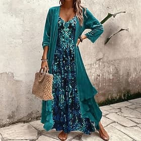 Women's Maxi Dress Casual Dress Dress Set Floral Dress Slip Dress Elegant Fashion Modern Outdoor Vacation Going out Regular Fit Floral Long Sleeve V Neck Blue