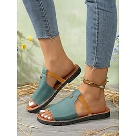 Women's Casual Green Flat Sandals - Soft Faux Leather Open Toe Slingback Comfort Slides, Minimalist Summer Style for Beach, Vacation, Travel, Outdoor Walking,